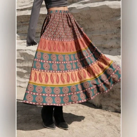Boho Printed Western Midi Skirt With Belt - Picture 2 of 6